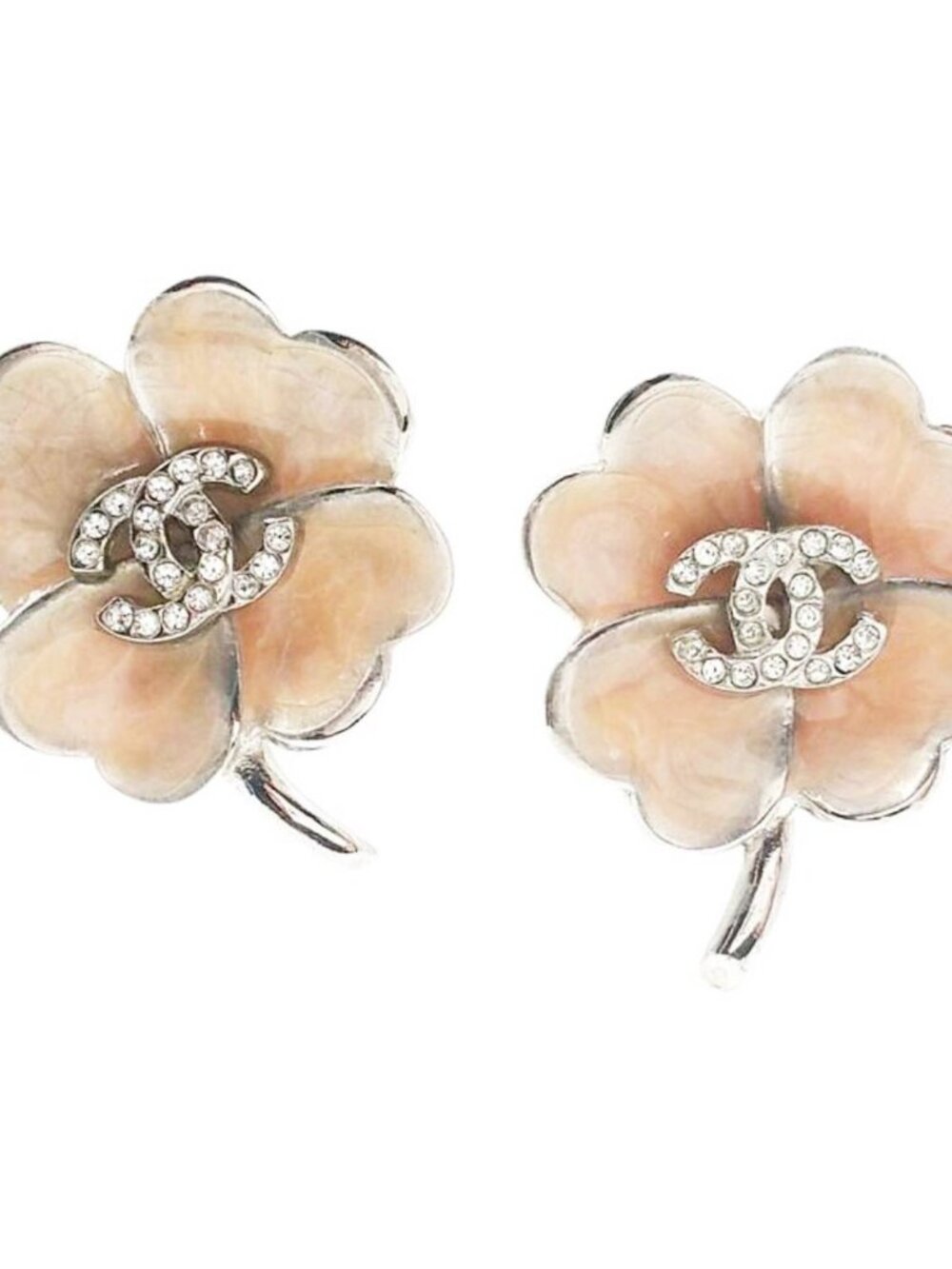 Chanel Silver CC Crystal Pink Enamel Clover Clip on Earrings